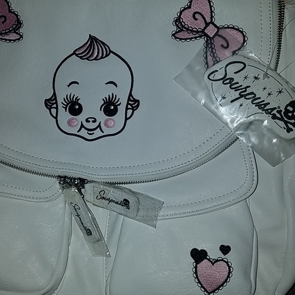 Sourpuss Nomad 1920's Kewpie Doll Baby Pink Bows Hearts Purse Vegan Leather Bag - Picture 7 of 11